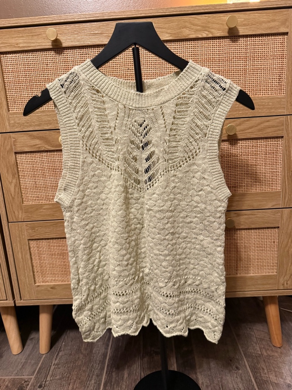 Sleeveless Openwork Knit Tank Top in Light Cream
